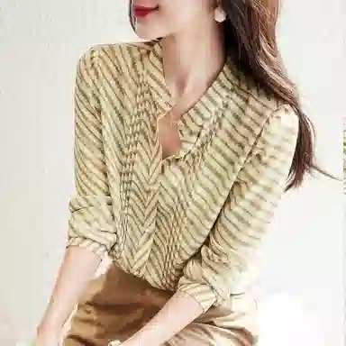 【dme】 条纹立领单排纽扣休闲直筒泡泡长袖衬衫 女款 芥末黄