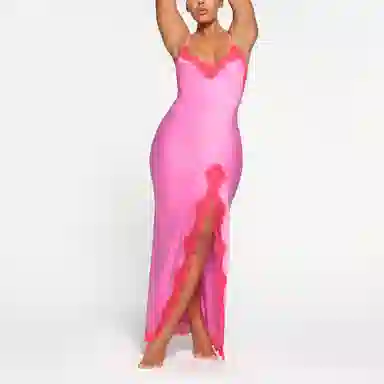 SKIMS Woven Shine Lace Long Dress Neon Orchid