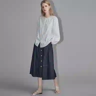 【dme】 休闲纯色复古中腰牛仔长裙 深牛仔蓝