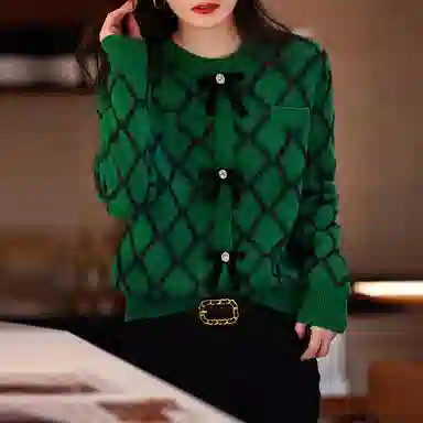 【dme】 休闲圆领菱形长袖毛衣 女款 草绿