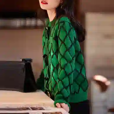 【dme】 休闲圆领菱形长袖毛衣 女款 草绿