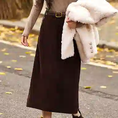 【dme】 舒适细腻柔和灯芯绒中长款休闲长裙 深棕