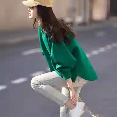 【dme】 宽松纯色圆领套头长袖卫衣 女款 翠绿