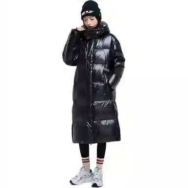 鸭鸭 纯色字母可脱卸连帽拉链长款长袖羽绒服 男女同款 黑色