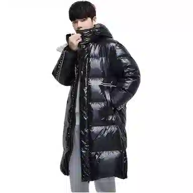 鸭鸭 纯色字母可脱卸连帽拉链长款长袖羽绒服 男女同款 黑色