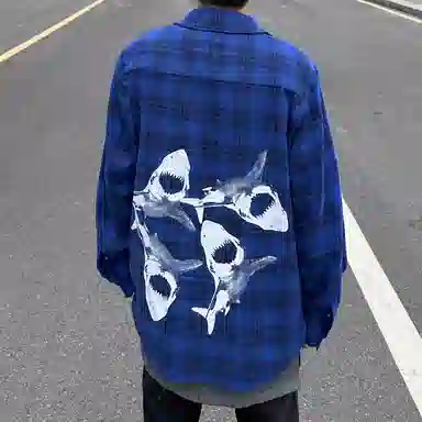 极限涡轮 鲨鱼系列 格子休闲痞帅小众长袖衬衫 男女同款 蓝色
