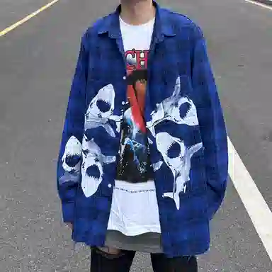 极限涡轮 鲨鱼系列 格子休闲痞帅小众长袖衬衫 男女同款 蓝色