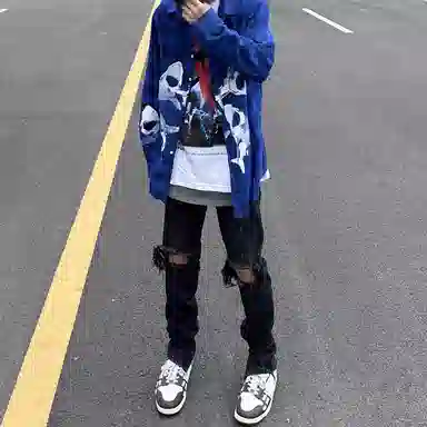 极限涡轮 鲨鱼系列 格子休闲痞帅小众长袖衬衫 男女同款 蓝色