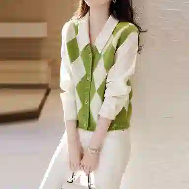 【dme】 休闲复古菱格拼接针织衫 女款