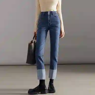 【dme】 翻边设计感高腰直筒牛仔裤 女款 中牛仔蓝