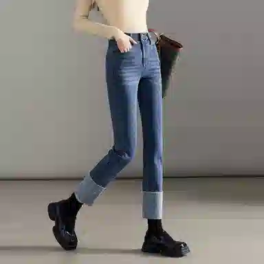 【dme】 翻边设计感高腰直筒牛仔裤 女款 中牛仔蓝