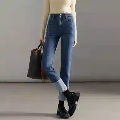【dme】 翻边设计感高腰直筒牛仔裤 女款 中牛仔蓝