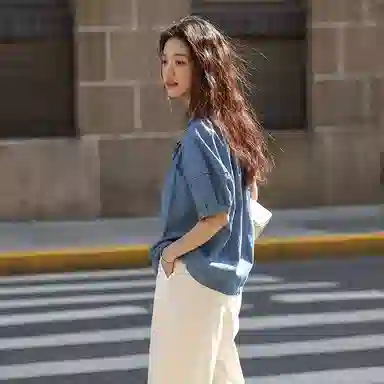 【dme】 学院风泡泡袖圆领抽绳连肩袖牛仔短袖衬衫 女款 中牛仔蓝