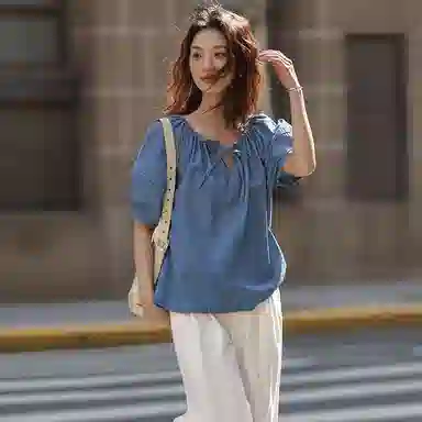 【dme】 学院风泡泡袖圆领抽绳连肩袖牛仔短袖衬衫 女款 中牛仔蓝