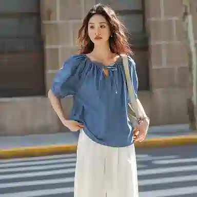 【dme】 学院风泡泡袖圆领抽绳连肩袖牛仔短袖衬衫 女款 中牛仔蓝