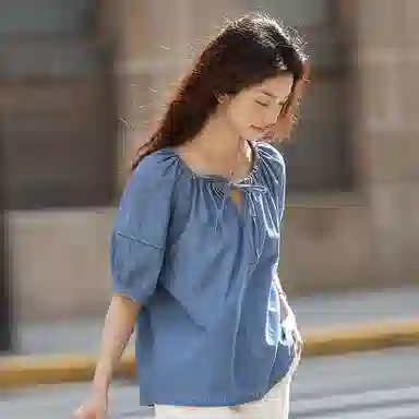 【dme】 学院风泡泡袖圆领抽绳连肩袖牛仔短袖衬衫 女款 中牛仔蓝