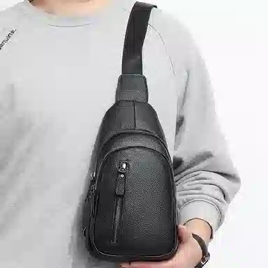 老人头 潮流高级感多功能时尚百搭 牛皮 胸包 常规 男款 黑色