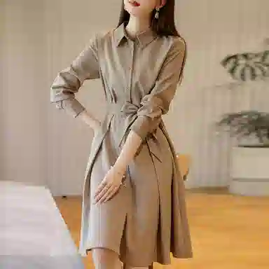 【dme】 格子满印衬衫式系带收腰长长袖连衣裙 女款 浅咖色