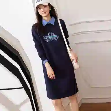 【dme】 字母方领长袖连衣裙 藏青