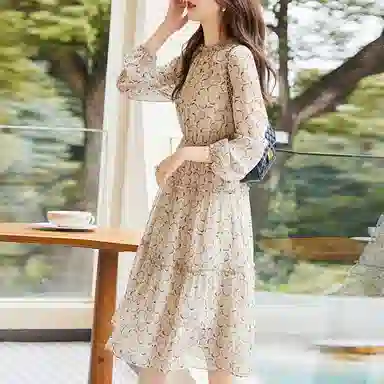 【dme】 印花圆领长袖连衣裙 杏色