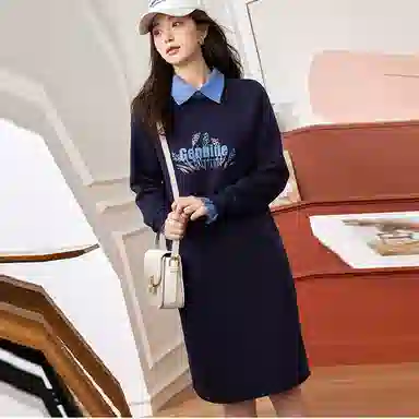 【dme】 字母方领长袖连衣裙 藏青