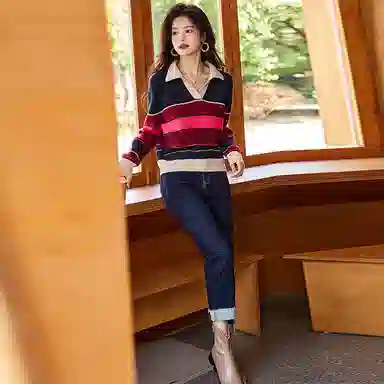 【dme】 拼色方领长袖针织衫 女款 藏青