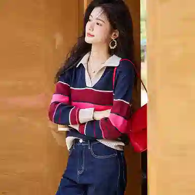 【dme】 拼色方领长袖针织衫 女款 藏青