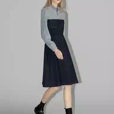 【dme】 休闲拼色立领长袖连衣裙 藏青