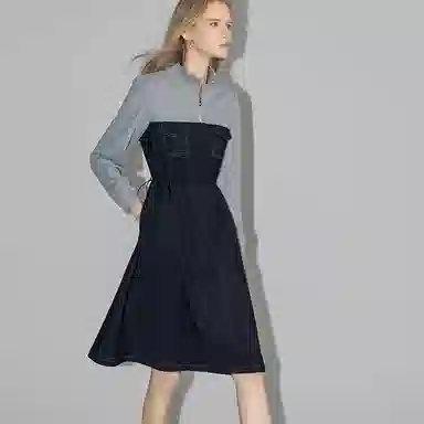 【dme】 休闲拼色立领长袖连衣裙 藏青