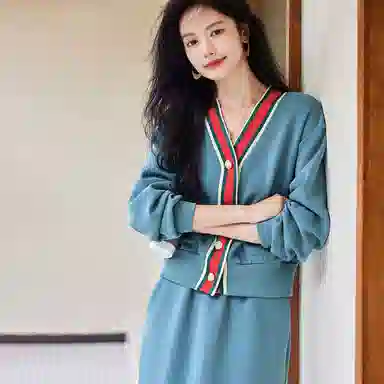 【dme】 休闲条纹长袖上衣纯色长裙裙装套装 女款 湖蓝