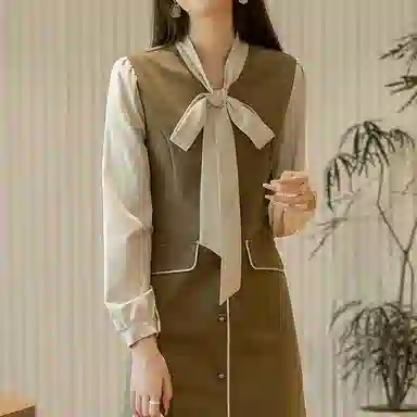 【dme】 休闲拼色气质长袖连衣裙 深卡其