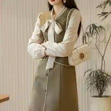 【dme】 休闲拼色气质长袖连衣裙 深卡其