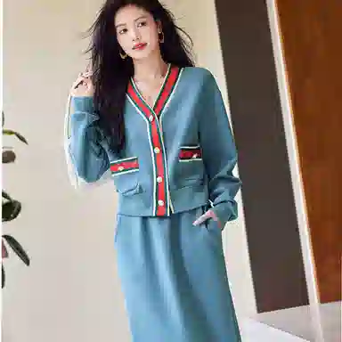 【dme】 休闲条纹长袖上衣纯色长裙裙装套装 女款 湖蓝