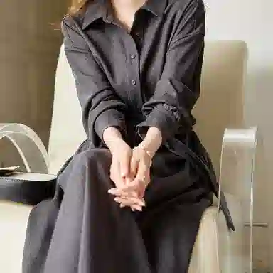 【dme】 纯色翻领落肩袖单排扣长袖连衣裙 灰色