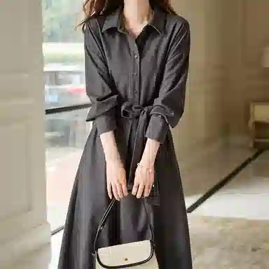 【dme】 纯色翻领落肩袖单排扣长袖连衣裙 灰色