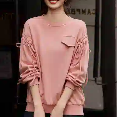 【dme】 纯色圆领薄款套头休闲长袖卫衣 女款 浅桃粉