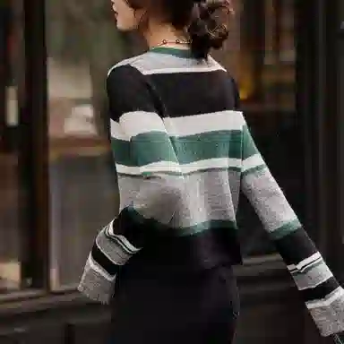 【dme】 条纹低圆领薄款宽松休闲长袖毛衣 女款 祖母绿