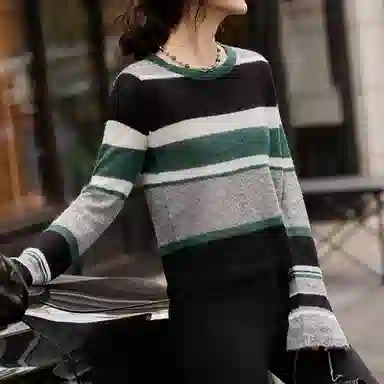 【dme】 条纹低圆领薄款宽松休闲长袖毛衣 女款 祖母绿