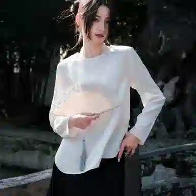 【dme】 纯色圆领提花设计感休闲长袖衬衫 女款 杏色