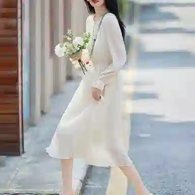 【dme】 纯色收腰薄款圆领休闲长袖连衣裙 女款 米白