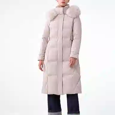 坦博尔 纯色长款过膝连帽大毛领羽绒服 女款