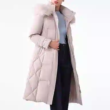 坦博尔 纯色长款过膝连帽大毛领羽绒服 女款