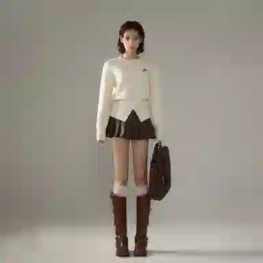 柏黛妃 纯色正肩收腰开叉毛衣 女款 白杏色