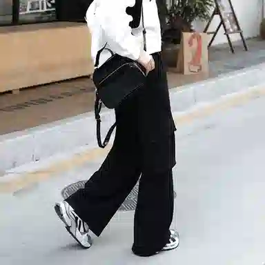 美洋 纯色口袋高腰简约工装裤 女款 黑色