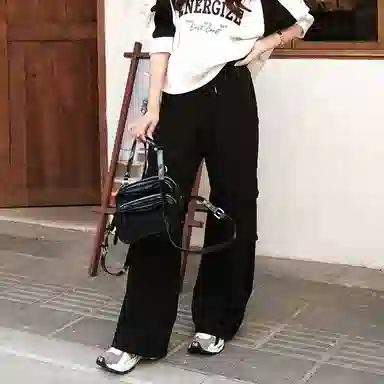 美洋 纯色口袋高腰简约工装裤 女款 黑色