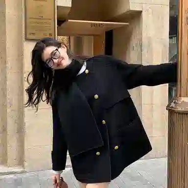 美洋 圆领双排扣围巾双面呢纯色长袖大衣 女款 黑色