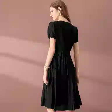 粉红玛琍 简约拼接纯色短袖连衣裙 女款 黑色