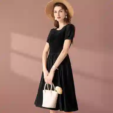 粉红玛琍 简约拼接纯色短袖连衣裙 女款 黑色