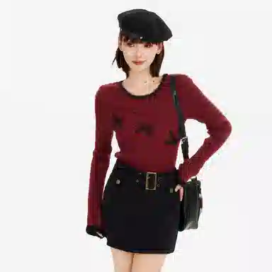 柏黛妃 圆领修身拼色套头针织衫 女款 红色