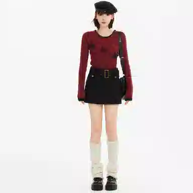 柏黛妃 圆领修身拼色套头针织衫 女款 红色